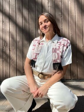 Vintage 90s Lace Patchwork Fringe Blouse White Burgundy Boho Top medium
